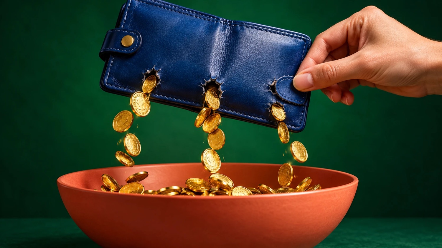 A hand closes one leak in a blue wallet, reducing streams of escaping coins.
