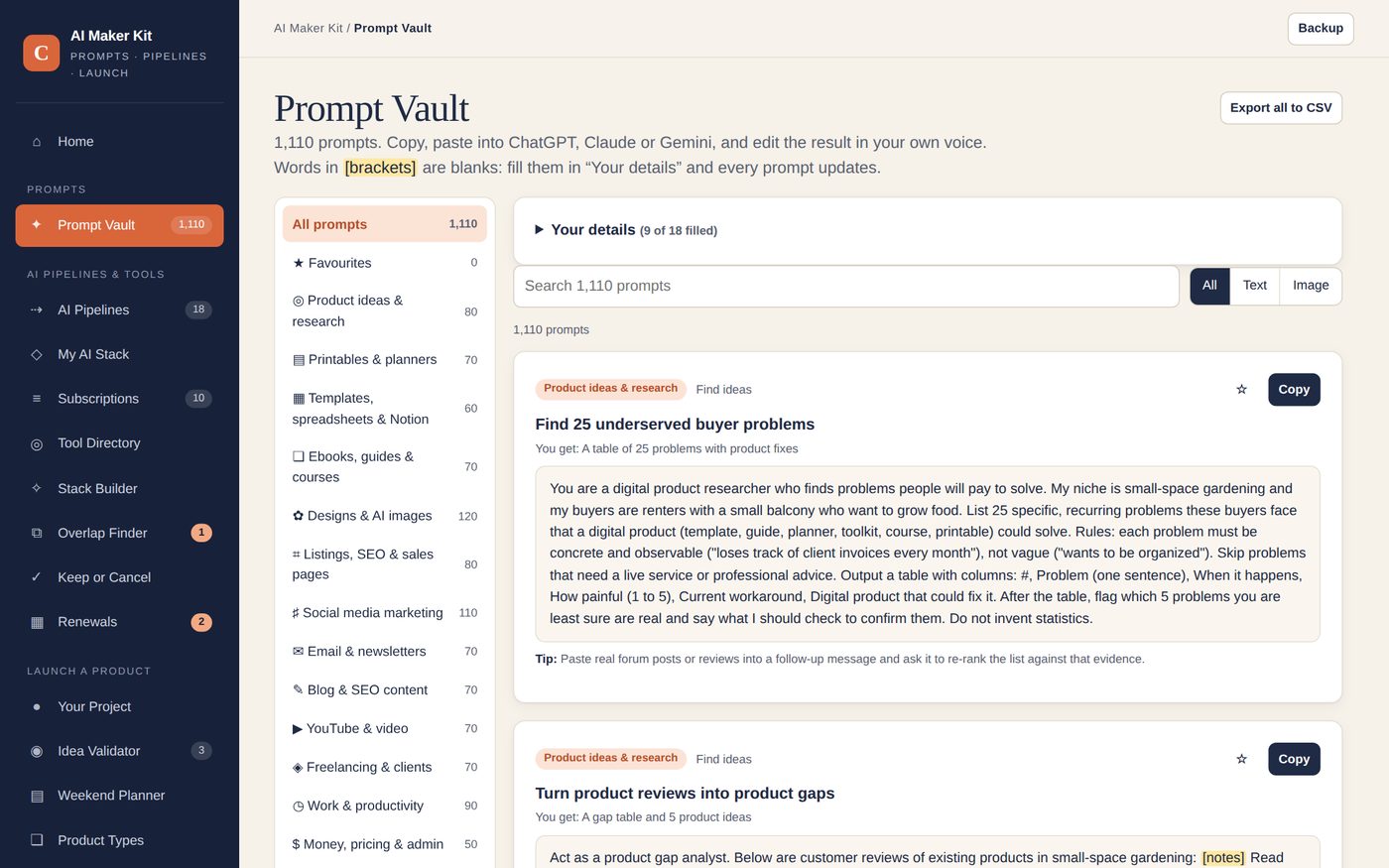 The Digital Product Kit Prompt Vault with 1,110 prompts