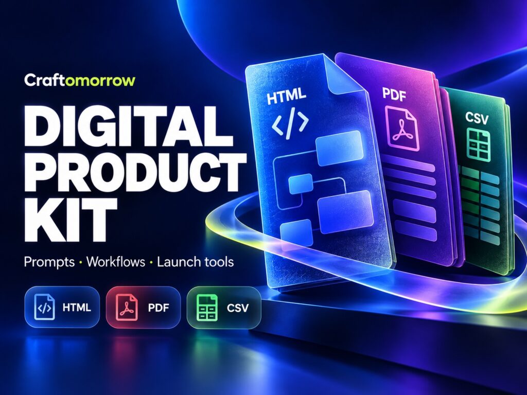 Digital Product Kit by Craftomorrow: prompts, guided workflows and launch tools in HTML, PDF and CSV formats.
