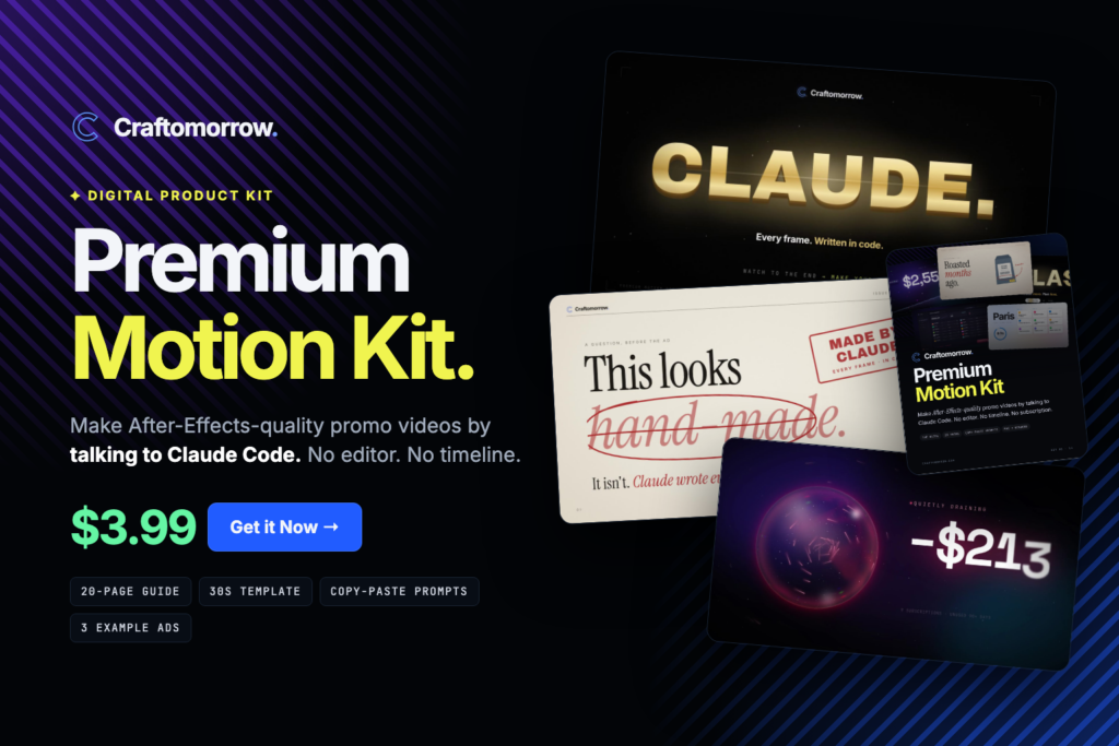 Premium Motion Kit by Craftomorrow: a guide, editable promo template, prompts and three example ads.