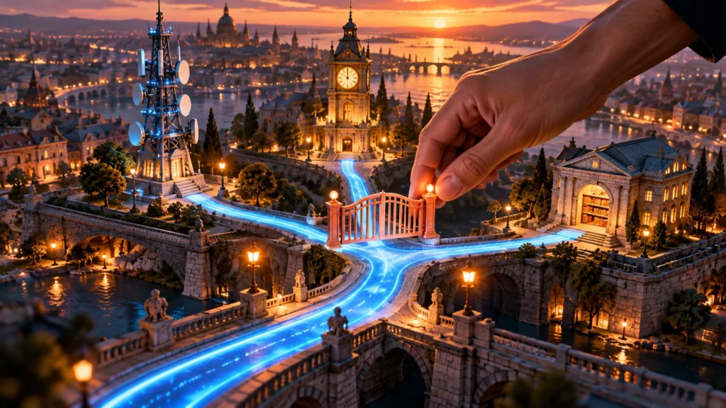 An illuminated branching route through a miniature city, stopped at a human-controlled approval gate.