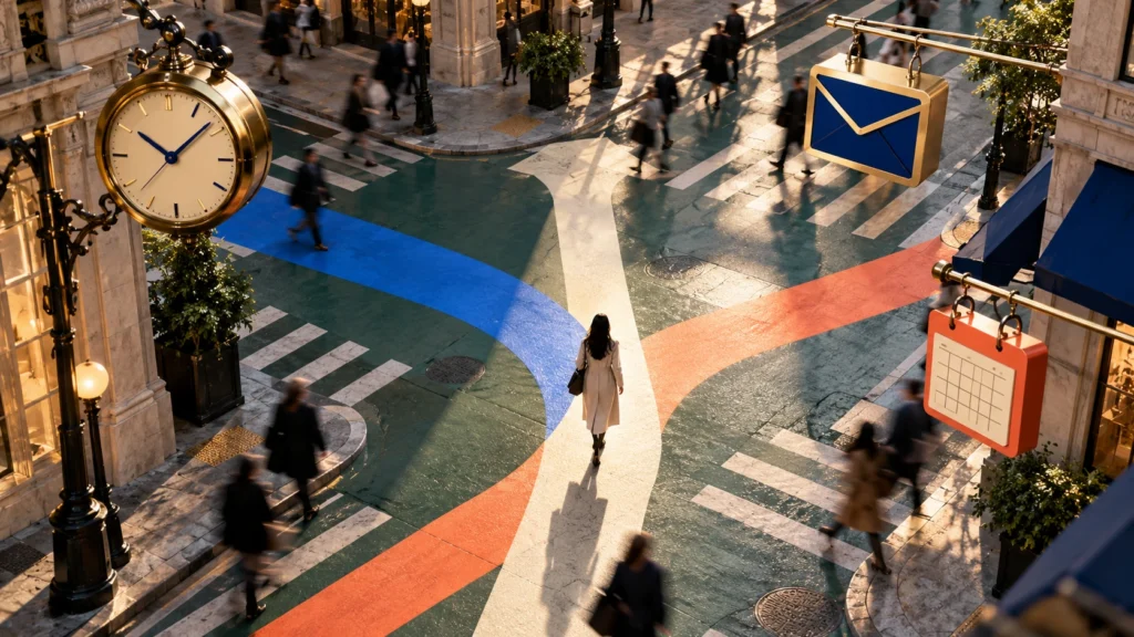 A clear route guides a pedestrian through a colourful, busy urban intersection.