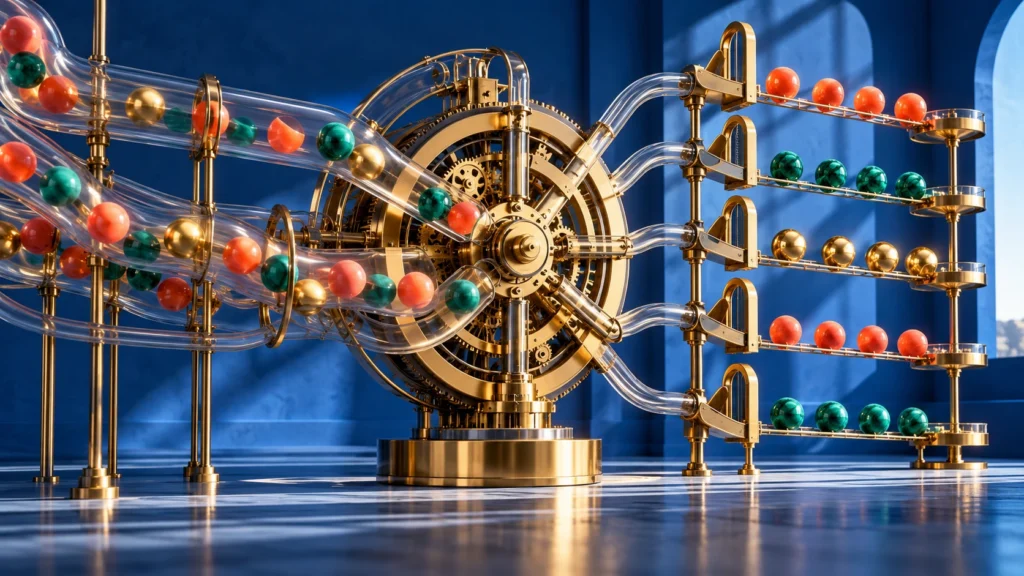 A colourful kinetic sculpture routes objects through transparent mechanical channels.