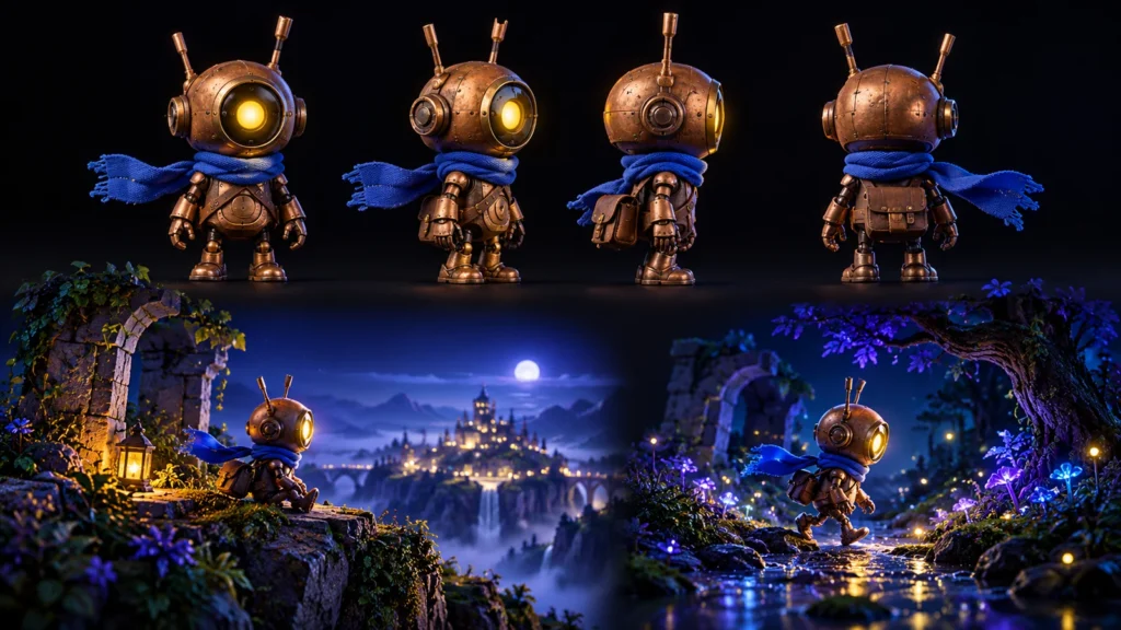 Original copper robot character-design illustration showing several views and two environments