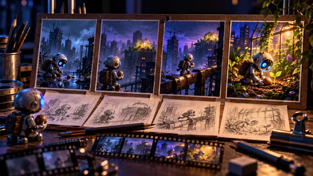 Original miniature storyboard artwork for a robot carrying a seed to a rooftop greenhouse