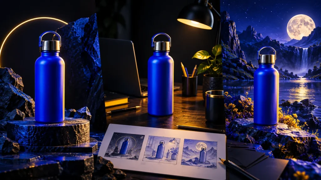 Original blue bottle shown in three conceptual product-video settings