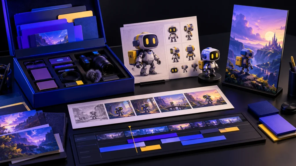 Original organised video-kit illustration showing references, storyboards and editable assets