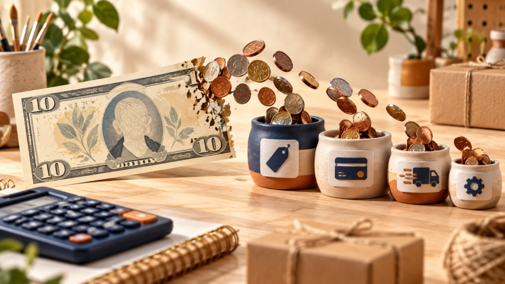 What Etsy Actually Keeps From a $10 Sale (2026 Fee Breakdown) — editorial illustration