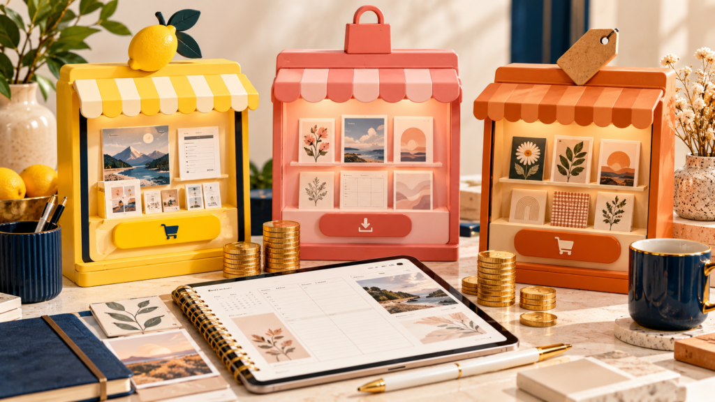 Lemon Squeezy vs Gumroad vs Etsy: Where to Sell Digital Products in 2026 — editorial illustration