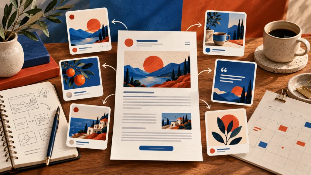 Illustrative newsletter page repurposed into several shorter content cards.