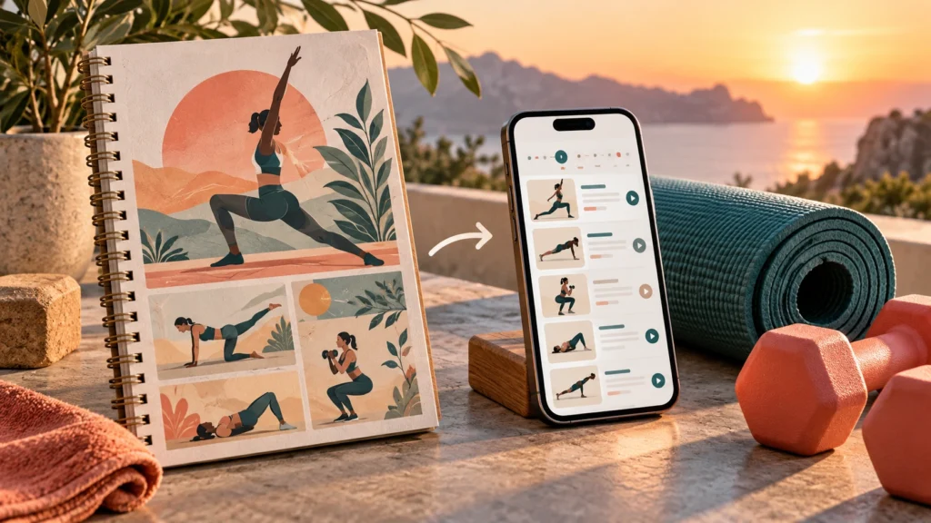 Illustrative workout guide beside a phone programme, yoga mat and dumbbells.