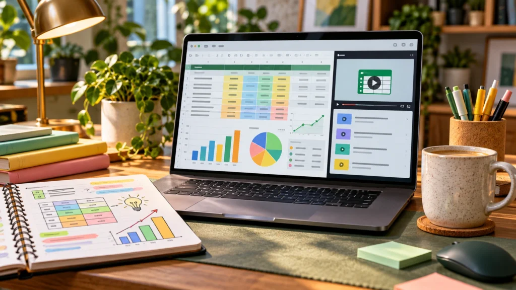 Illustrative spreadsheet, charts and a video lesson window.