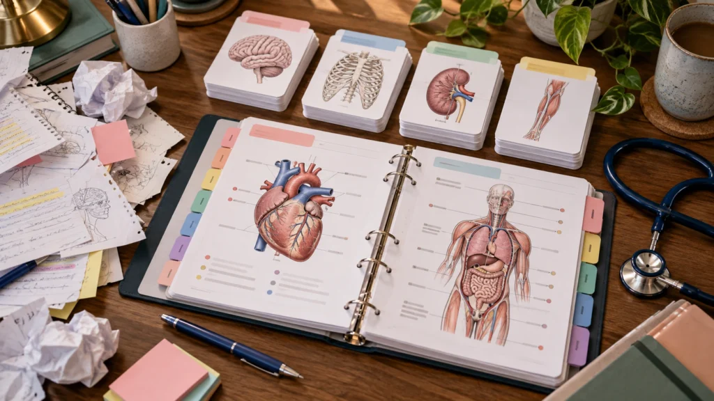 Illustrative nursing study guides, anatomy cards and an organised binder.