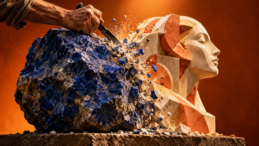 A sculptor shapes a rough blue stone into a precise coral-and-ivory form.