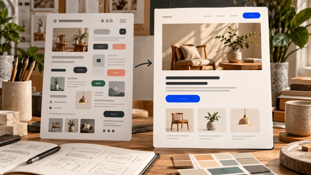Illustrative comparison of a crowded interface and a clearer layout with a single blue call-to-action.