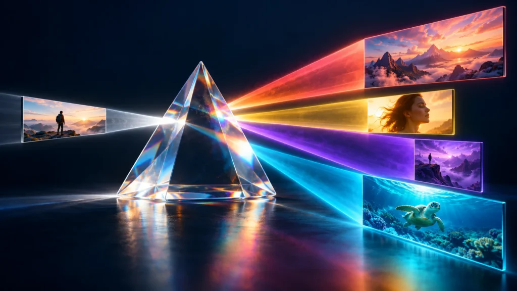 A glass prism splits one video beam into differently shaped, colourful content screens.