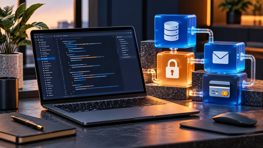 Illustrative code editor and modular authentication, payments, email and database blocks.